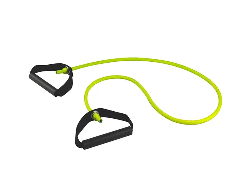 Banda elastica exercitii fizice cu manere TPR X-light galben 125 cm pentru kinetoterapie