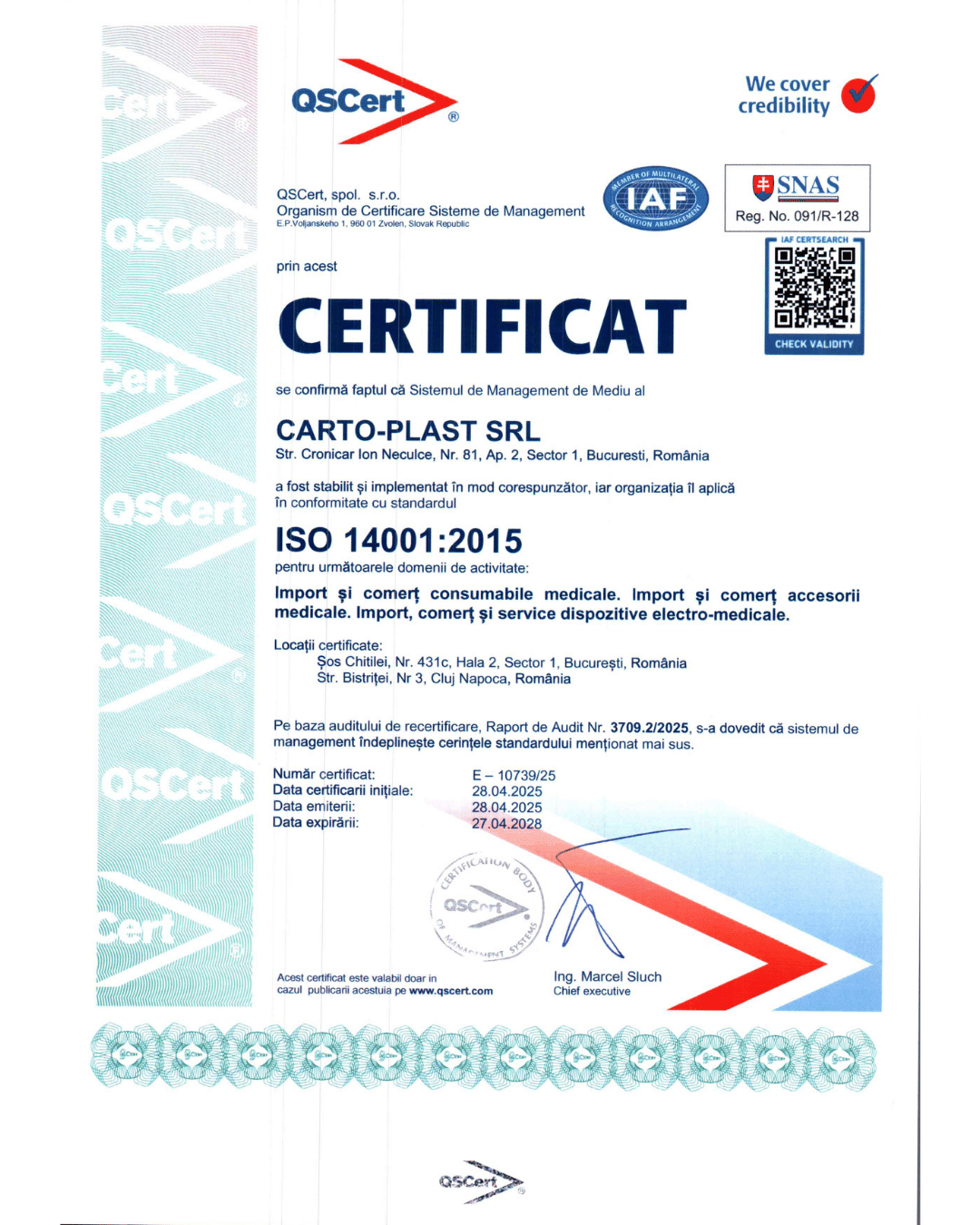 Certificat ISO 14001:2015 - Carto-Plast SRL