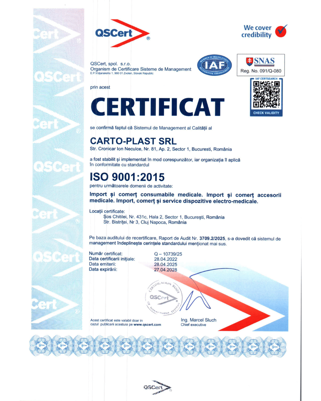 Certificat ISO 9001:2015 - Carto-Plast SRL