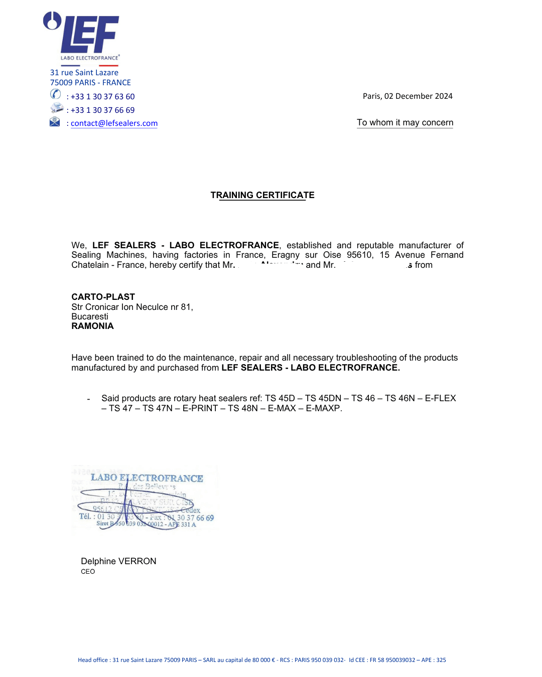 Certificate LEF Sealers - Labo Electrofrance