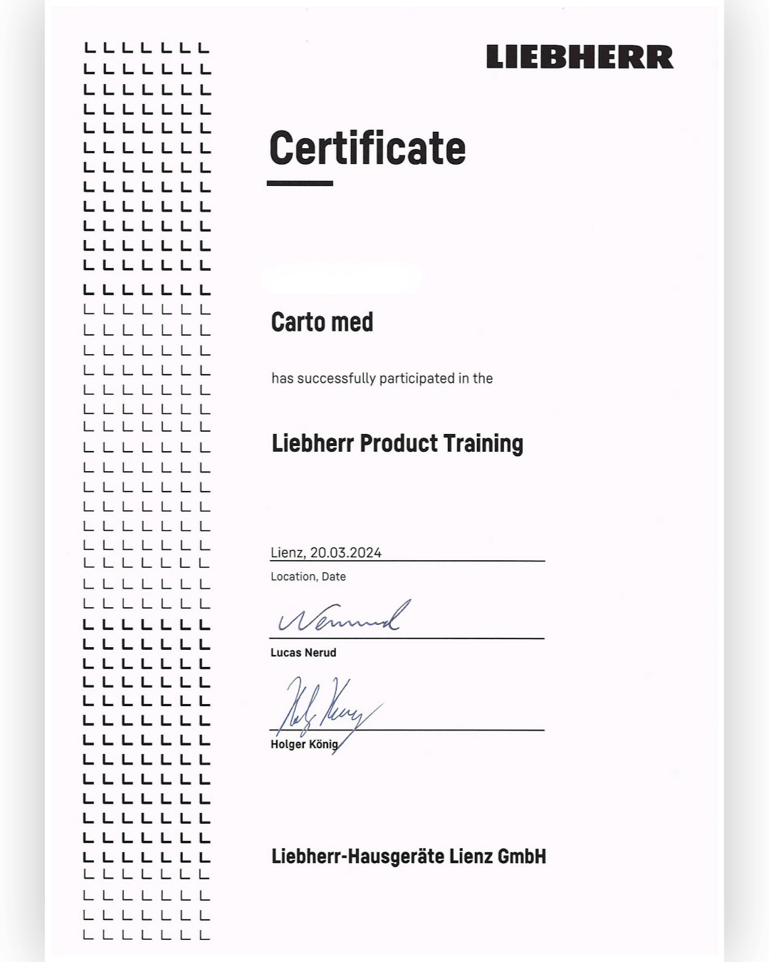 Certificate Liebherr Product Training