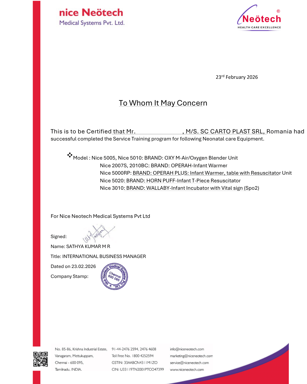 Certificate Nice Neotech - Service Training