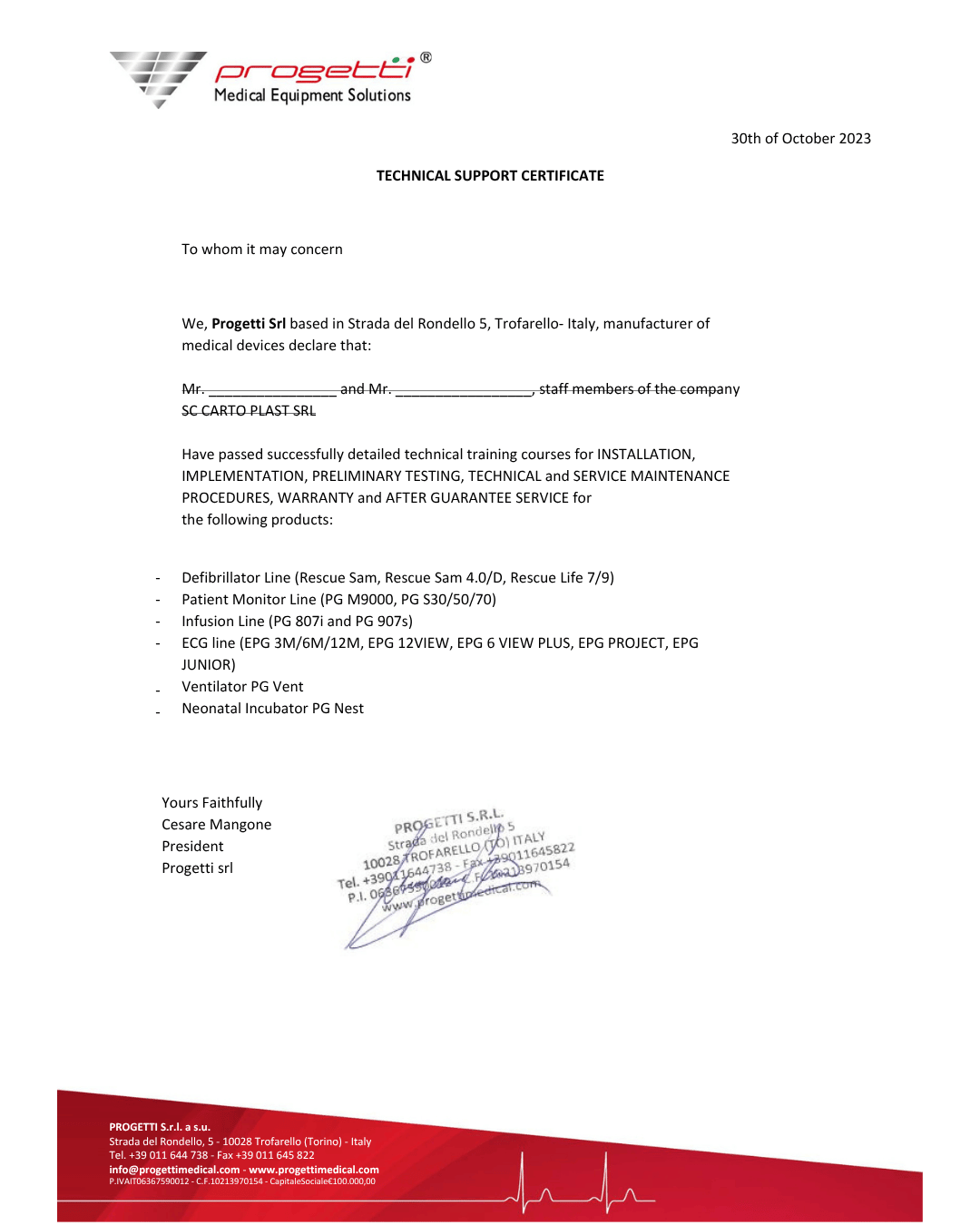 Certificate Progetti Srl - Tehnic Support