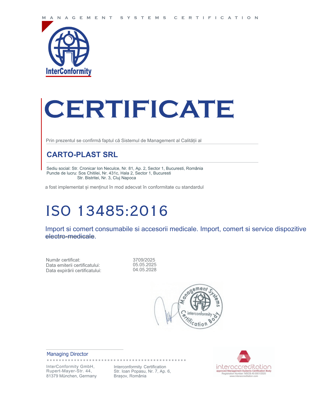Certificat ISO 13485:2016 - Carto-Plast SRL